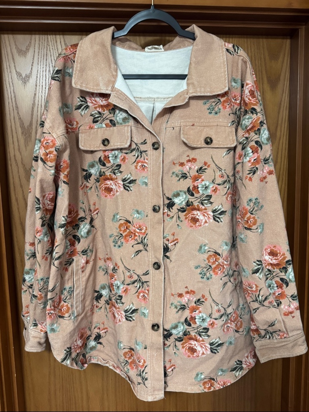 Bibi Floral Button-Front Shacket in Blush Pink